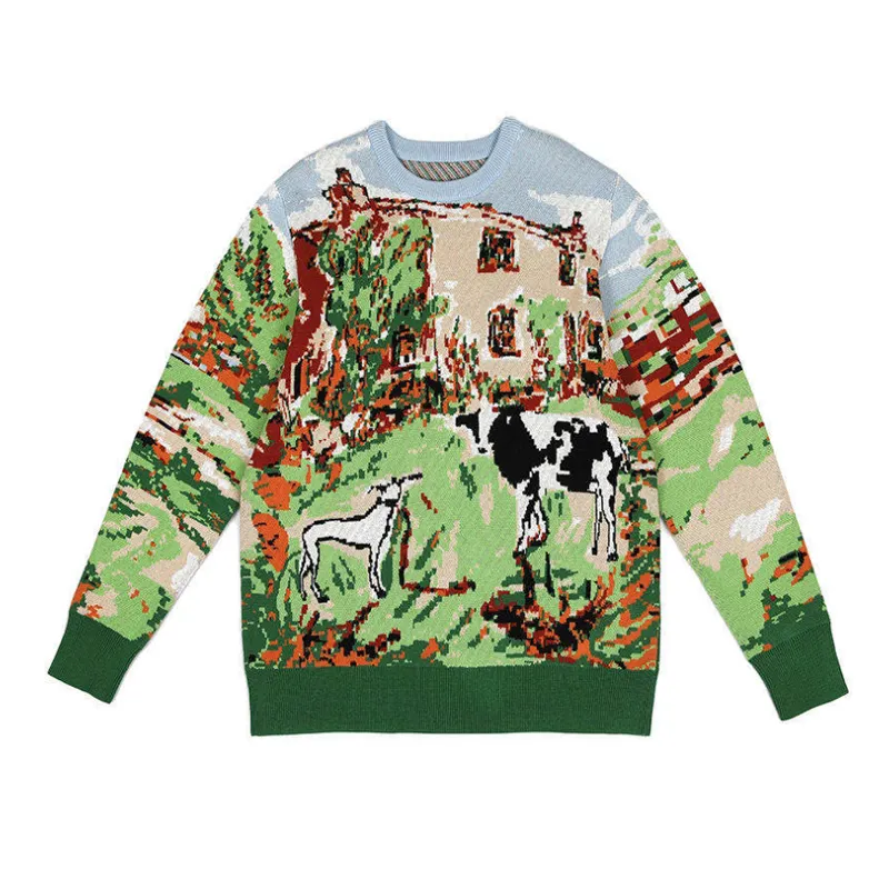 Jacquard Landschap Oversized Pullover Met Lange Mouwen Gebreide Multi-Color Patroon O-hals Casual Heren Trui Voor De Herfst
