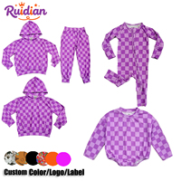 Combinaison pour bébé en viscose de bambou à carreaux violets, en stock, impression personnalisée, barboteuse pour tout-petit, tenue quotidienne, tenues de vacances personnalisées