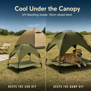 Lit de chien surélevé portable avec auvent de protection UV, maille respirante, lit de camping pour animaux de compagnie en plein air - Product Image 1