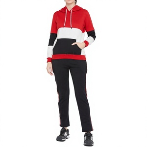 <b>Women</b>' Color Blocked Hooded Sweatshirt Set With Pocket Black Red <b>White</b> Sporty Tracksuit Full Sleeve Knitted Long Pants Ankle - Product Image 1