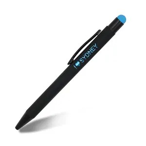 Nuevo bolígrafo promocional negro 2 en 1 Stylus Metal con varilla de aluminio de goma suave fabrica publicidad de logotipo imprimible