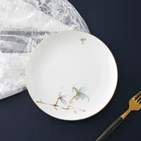 Neues Design benutzer definierte Logo Aufkleber gedruckt Restaurant verwendet Lebensmittel serviert Keramik Bone China Dinner-Set mit Goldrand