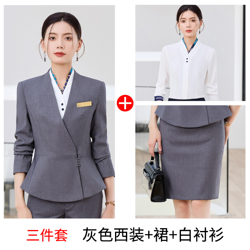 Grey suit, white shirt, and short skirt