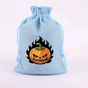 Sac en toile de jute pour fête d'Halloween 13x18cm, sac en lin à cordon, pochette citrouille effrayante, idéal pour décorations d'Halloween, emballage de bonbons et badges - Product Image 5