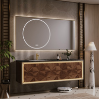 Meuble-lavabo flottant en bois incrusté, avec dessus en marbre noir et armoire de salle de bain avec miroir intelligent LED multi-rangements à éclairage périphérique