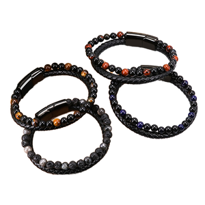 Bracelet pour <span class=keywords><strong>homme</strong></span> en <span class=keywords><strong>pierre</strong></span> volcanique européenne et américaine, perles, corde en cuir, boucle magnétique, plaqué noir canon, tendance, naturel, <span class=keywords><strong>de</strong></span> marque tierce - Product Image 2