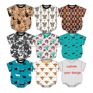 Factory OEM Kids Baby Short Sleeve Rompers Western Cattle Print Toddler Boys Snaps Jumpsuit