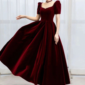 <b>Burgundy</b> <b>Velvet</b> Evening Gown Square Neck Short Sleeve Vintage Style Wedding Party <b>Dress</b> Plus Size Women - Product Image 1