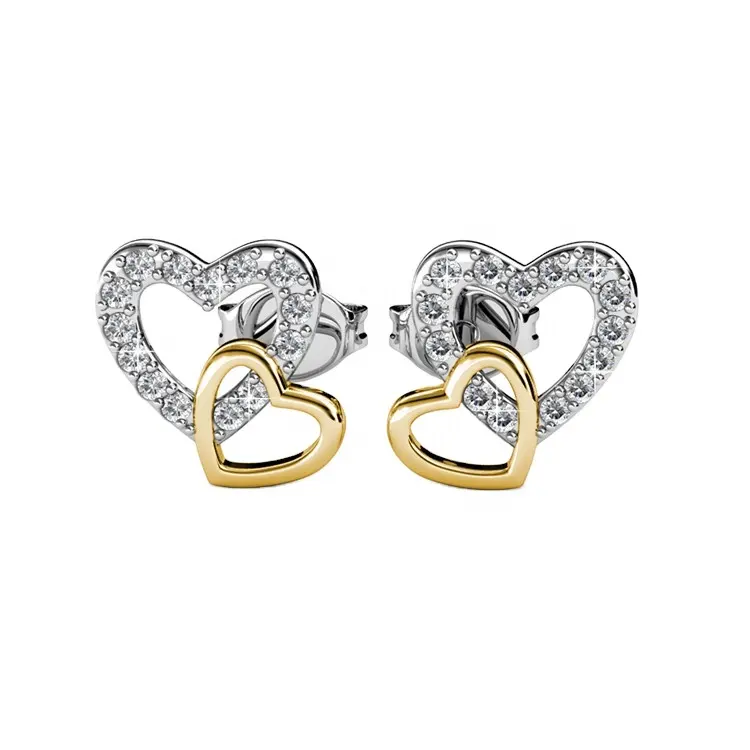S925 Simple Mixed 18K White Gold And Yellow Gold Double Interlocking Love Heart Crystal Stud Earrings Destiny Jewellery