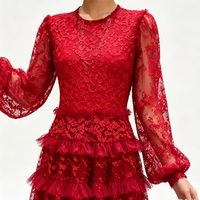 Robe longue trapèze rouge unie en dentelle pour femme, col rond, manches longues, taille haute, jupe à volants superposés en tulle fluide, pour soirée d'automne ou mariage