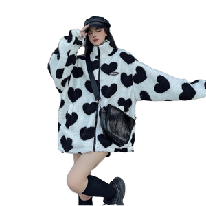 Women Sports Wear Heart Print <b>Sherpa</b> Fleece <b>Jacket</b> Zip up Hooded Coat Soft <b>Lined</b> Regular Fit Winter Outerwear Knee Length - Product Image 1