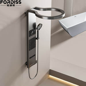 Système de panneau de douche gris intelligent-<span class=keywords><strong>Colonne</strong></span> cascade en aluminium Mélangeur de douche thermostatique à trois voies avec bec et éclairage d'ambiance LED - Product Image 1