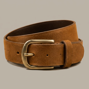 Ceinture en cuir véritable marron uni avec boucle ardillon rectangulaire en cuivre, décontractée et durable pour homme - Product Image 1
