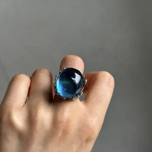 Grande <span class=keywords><strong>bague</strong></span> de mariage classique en aquamarine bleue naturelle pour femmes et hommes, perles ovales en cristal Reiki de guérison, argent, 22x19mm - Product Image 4