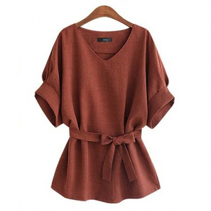 Camicette alte da <span class=keywords><strong>donna</strong></span> camicia a tunica di <span class=keywords><strong>lino</strong></span> con scollo a V grande fiocco a pipistrello camicetta da <span class=keywords><strong>donna</strong></span> camicetta da <span class=keywords><strong>donna</strong></span> - Product Image 3