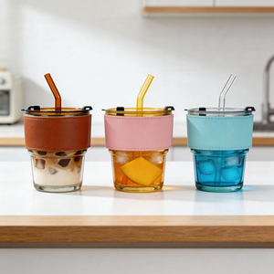 Verre à boisson de haute qualité pour jus, thé glacé, café, eau, transparent ou coloré, avec couvercle, paille et manchon en cuir - Product Image 1