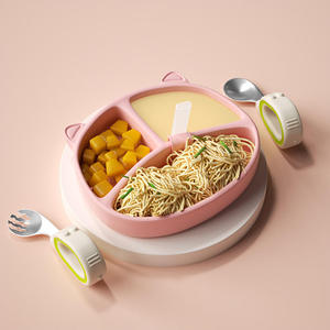Cat Shaped Silicone Baby Suction Plate Divided Toddler Feeding Plate With Straw Spoon Fork - Product Image 3