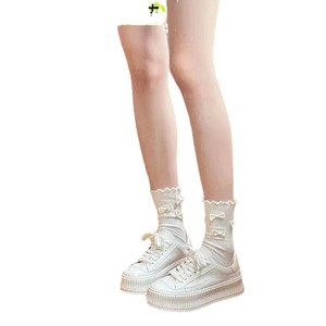 White Cotton Crew <b>Socks</b> With Bow And Ruffle Trim For Women Breathable Sweat Absorbing Mid Calf Style Spring Summer Wear - Product Image 1