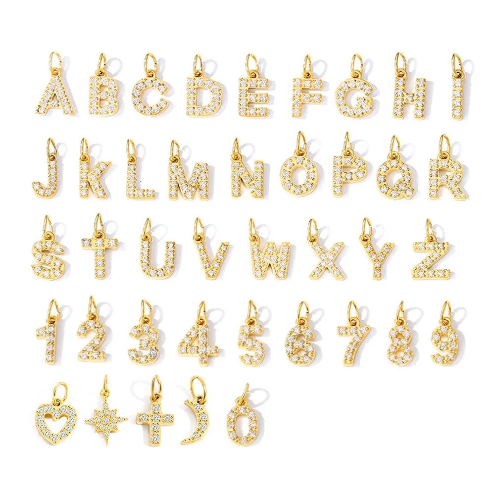 Charme de letras em aço inoxidável de alta qualidade da moda com pingente de zircônia, colar, coração, lua banhado a ouro 14K