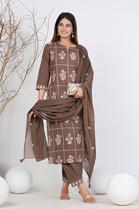 Women Ethnic Motifs Embroidered Cotton Kurta with <b>Trousers</b> & Dupatta Clothing <b>Indian</b> Pakistani Fashion Elegant Top Bottom - Product Image 5