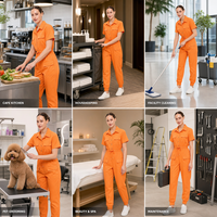 Combinaison de travail pour femmes OEM à manches courtes, col chemise, boutons sur le devant, taille à cordon de serrage, poches à rabat, uniforme pour hôpital, entretien ménager, spa