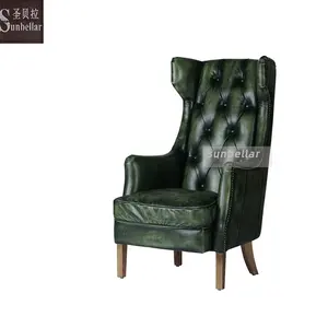 vintage green distressed leather wing back accent chair buttons tufted high back dining chairs entry living room chairs