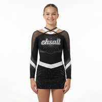 Uniforme de Animadoras de Manga Larga de Una Pieza con Panel de Malla de Diamantes de Imitación, Elástico y con Bloques de Color, para Competición