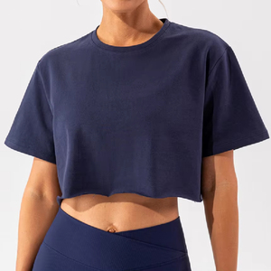 Impresión Logo Gym Crop Top Camisetas sueltas Raw Hem Sudaderas Mujeres Yoga Camisetas - Product Image 1