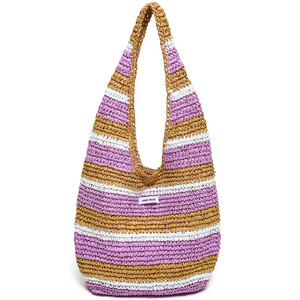 Bolso de mano de lujo de verano al por mayor, de paja natural, tejido a crochet, con cremallera, cadenas y bordado de rayas verticales coloridas, para playa - Product Image 1