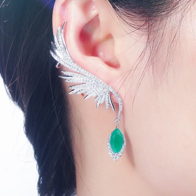 Luxury Full Cubic Zirconia Pave Popular Big Long Drop Feather Wing Ear Stud and Cuff Climber Earrings for Women Unique Jewelry