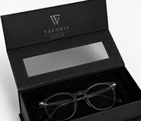 Boîte cadeau magnétique pliable avec fenêtre, logo personnalisé en estampage à chaud, finition mate noire, doublure en velours, pour lunettes