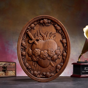 Plaque ovale <span class=keywords><strong>en</strong></span> <span class=keywords><strong>bois</strong></span> Immaculate Heart of Mary, disque <span class=keywords><strong>en</strong></span> relief sculpté à la main avec couronne de roses, décoration murale dévotionnelle catholique - Product Image 4