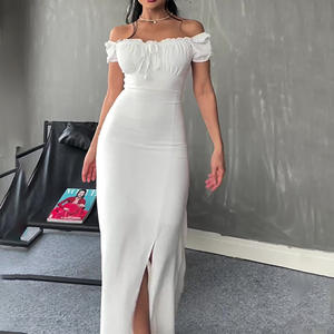 2025 verano Europeo Americano Casual vestido para <span class=keywords><strong>mujer</strong></span> sin tirantes corbata Puff manga Slit Bodycon largo viscosa vestido transfronterizo - Product Image 2