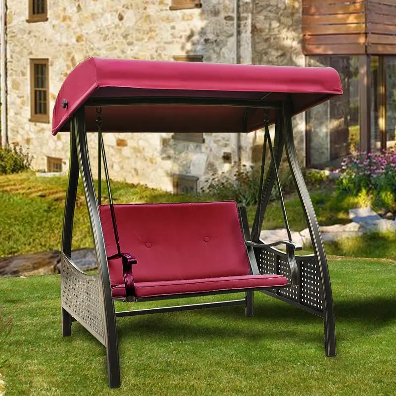 Современные качели для семейного сада на 3 человек с длинным тканевым чехлом и складным чайным столиком, хорошо используемый подвесной стул