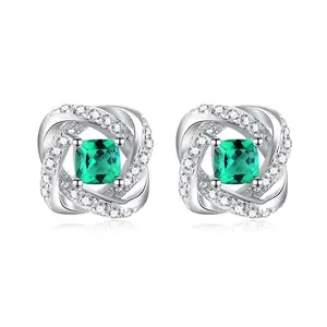 Fashion jewelry four leaf clover lab grown zambian emerald stone earrings studs silver 925 sterling green emerald earring