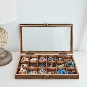 Wood Jewelry Storage <b>Box</b> With <b>Glass</b> Lid 15 Compartments For Bracelets Earrings Rings Necklaces Rustic Style Display Case - Product Image 1