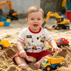 Conjunto de Ropa de Verano para Bebés, Modelo Verano, 100% Algodón, Diseño de Excavadora, para Niños y Niñas, Lindos Conjuntos de Ropa para Bebés - Product Image 1