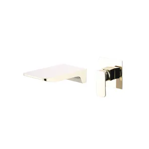 Contemporary Wall-Mounted Brass Basin Faucet Square Hot Cold Water Mixer Concealed Gold Waterfall Brushed Nickel Finish Kitchen