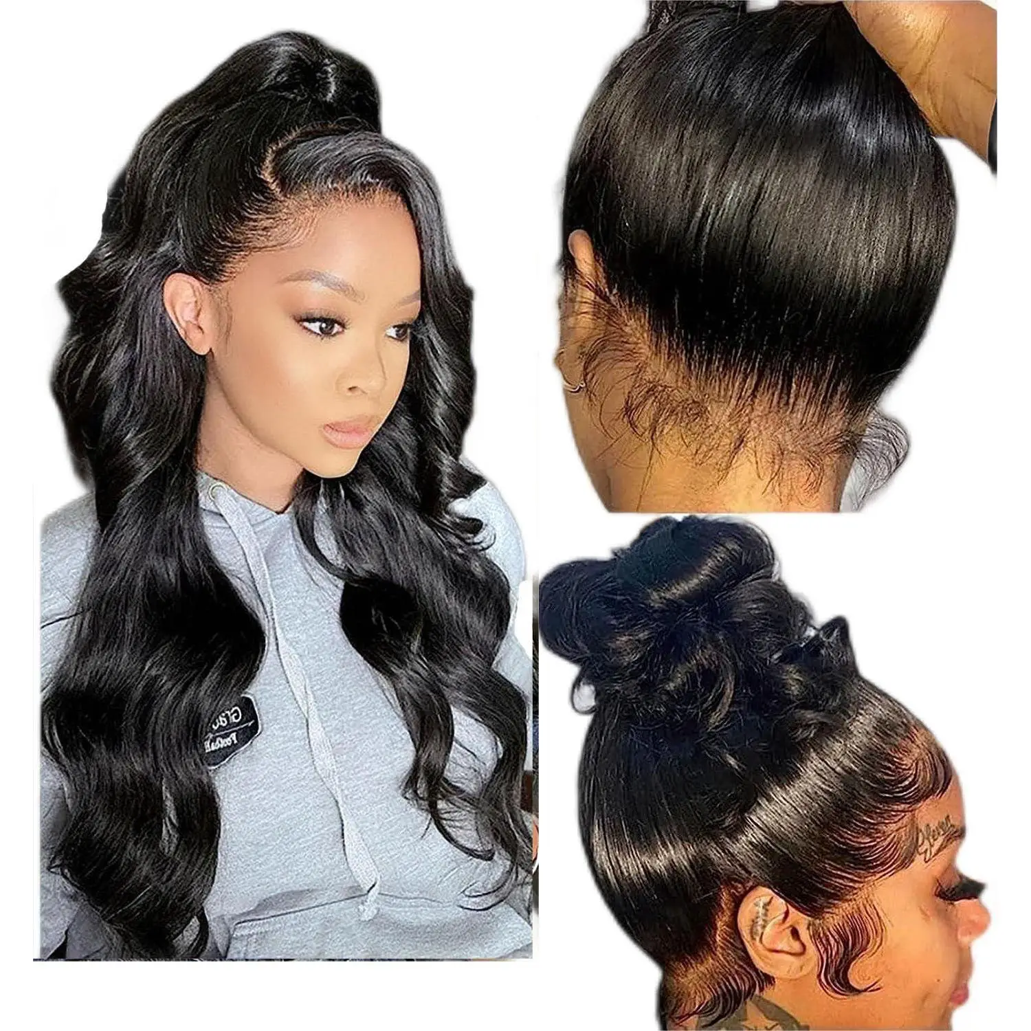 Glueless Natural black 1B# Pre-Plucked Natural Hairline & Bleached 12a Remy Virgin Human Hair Body Wave 360 Full Lace Front Wigs