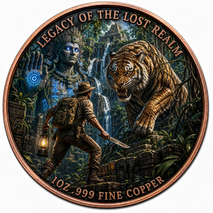 Moneda de Cobre Fino .999 de 1oz, Medallón Coleccionable de Arte de Ruinas Antiguas con Tigre Gigante, Explorador del Reino Perdido - Product Image 1