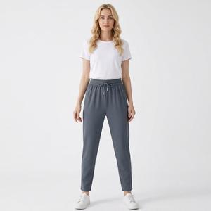 Pantalon décontracté pour femme à taille mi-haute avec cordon élastique, couleur unie, longueur intégrale, idéal pour le printemps - Product Image 1