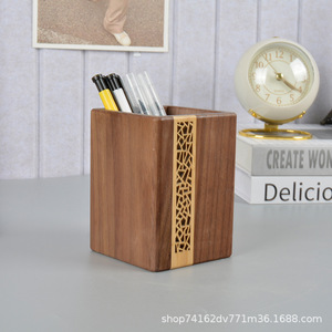Wooden Desk Organizer Square <b>Pen</b> Holder With Geometric Inlay For Office Stationery Storage - Product Image 2