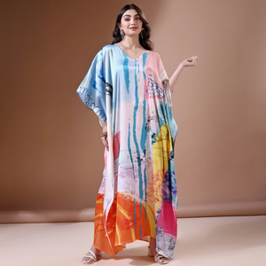 High Quality Designer Turkish Style <b>Kaftan</b> Women Polyester Handmade Batwing Sleeves V Neck Regular Fit Flared Hem Midi Eid - Product Image 1