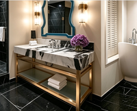 Système de pieds en laiton satiné Grand Satin pour lavabo sur colonne de boutique, meuble-lavabo mural en onyx rose, ensemble de meuble-lavabo de salle de bain en marbre Artista Panda
