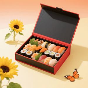 Boîte d'emballage cadeau gourmande personnalisée haut de gamme en carton rigide magnétique biodégradable avec gaufrage et éponge d'emballage alimentaire pour sushis - Product Image 1