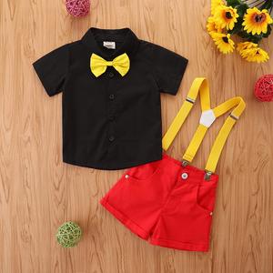 Summer New Cotton Two-Piece Set for Boys Kids Casual Solid Red Suspender Shorts with <span class=keywords><strong>Short</strong></span>-Sleeved Tie Shirt - Product Image 5