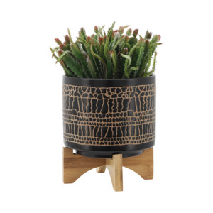 Vasi Cilindrici con Supporto in Ceramica Stoneware, Base in Legno di Bambù, per Interni ed Esterni, Decorazione Casa - Product Image 3