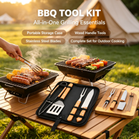 Accessoires de cuisine de camping en plein air portables en acier inoxydable avec manche en bois et étui de rangement, ensemble d'outils pour barbecue