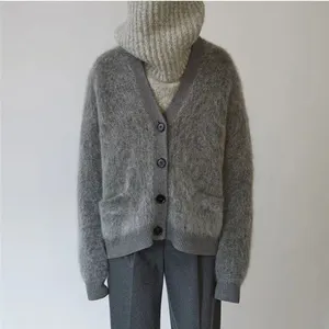 FYB OEM hight quality mohair ladies long plush V neck soft shawl knitted fur sweater cardigan