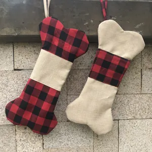 Toptan Noel Dekorasyon Çuval Bezi Ilmek Çorap Monogram Buffalo Ekose Kemik Noel Çorabı